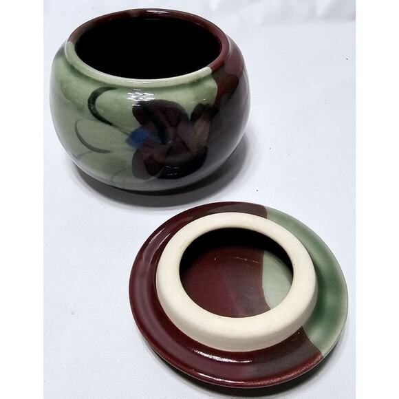 KENT FOLLETTE Pottery Cream And Sugar Set Cranberry/Green EUC Signed - Picture 11 of 13